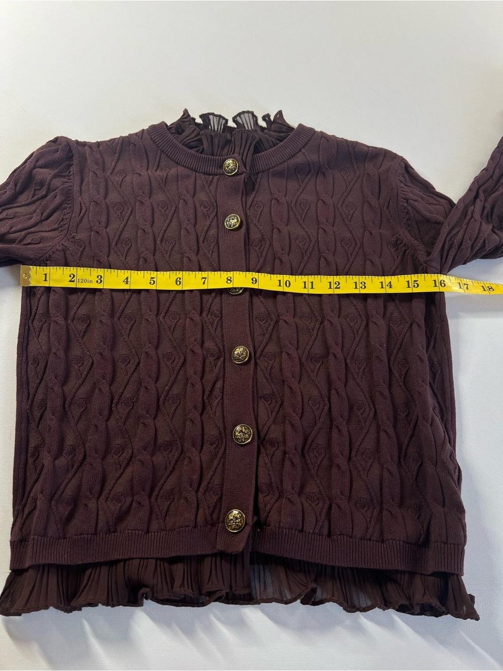 Disturbia Women's Cable Knit Cardigan Burgundy Ashen Vine Ruffle Slim Fit Size M - Picture 13 of 15